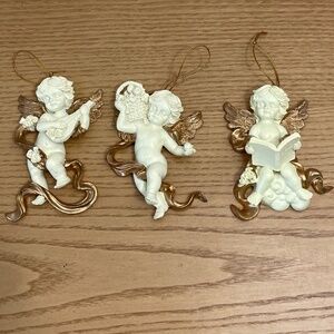 Vintage Cherub Christmas Ornament Angels Gold Gilt Trim Bible Fruit Lyre Lot 3